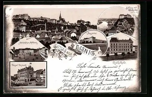 Lithographie Leisnig, Kaserne, Realschule, Post, Ortsansicht