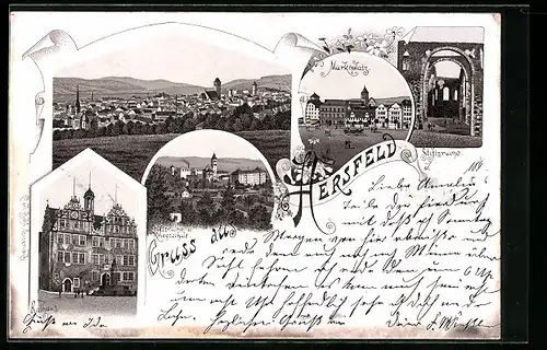 Lithographie Hersfeld, Blick auf Ort, Rathaus und Stiftsruine