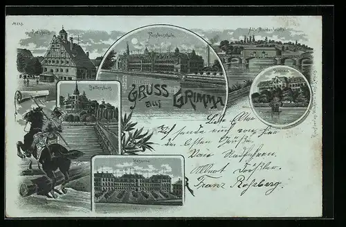 Mondschein-Lithographie Grimma, Kaserne, Alte Muldenbrücke, Seminar, Fürstenschule