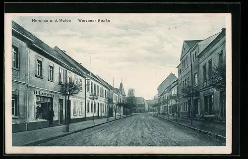 AK Nerchau /Mulde, Wurzener Strasse mit Geschäft H. Lorenz