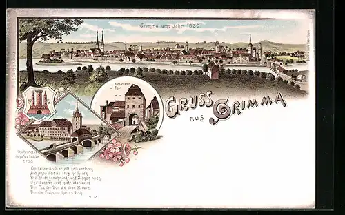 Lithographie Grimma, Panoramablick vom Ort, Ansicht vom Hohnstädter Thor