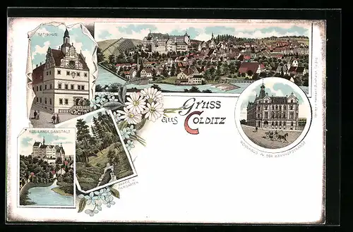 Lithographie Colditz, Rathaus mit Gasthof Rathskeller, Wohnhaus in der Bahnhofstrasse