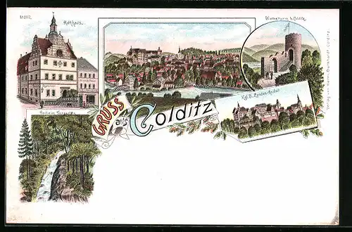 Lithographie Colditz, Rathaus, Wettinturm, Kgl. S. Landesanstalt