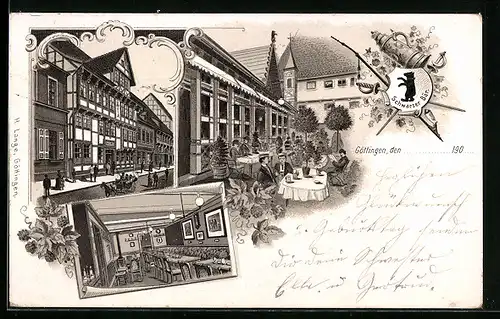 Lithographie Göttingen, Gasthaus Schwarzer Bär mit Garten und Strasse, Studenten, Wappen-Stilleben