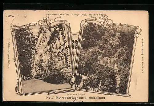 Passepartout-AK Heidelberg, Hotel Metropole-Monopole H. L. Fellmeden, Strassenansicht und Garten