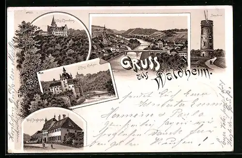 Lithographie Waldheim, Kgl. Strafanstalt, Ortsansicht mit Brücke, Siegesthurm