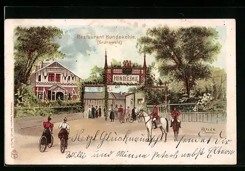 Lithographie Berlin-Grunewald, Restaurant Hundekehle, Strassenansicht mit Radfahrerinnen und Reitern