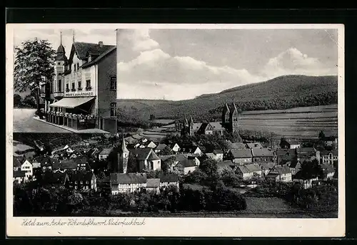 AK Niederfischbach, Hotel zum Anker mit Strasse, Ortsansicht aus der Vogelschau