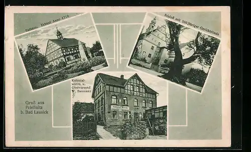 Passepartout-AK Priessnitz bei Bad Lausick, Kolonialwaren W. Baumann, Schloss mit 500jähriger Gerichtslinde