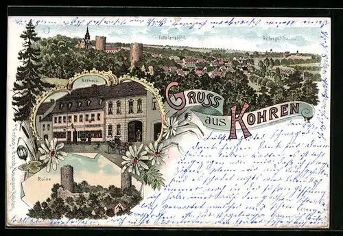Lithographie Kohren, Rathaus mit Ratskeller, Ruine, Totalansicht