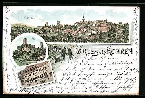 Lithographie Kohren, Ruine, Rathaus mit Ratskeller, Totalansicht