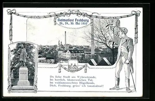 AK Frohburg, Heimatfest 1910, Albert-Denkmal, Teilansicht der Ortschaft
