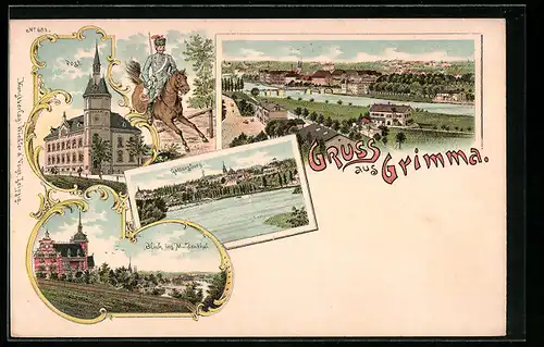 Lithographie Grimma, Post, Gattersburg, Blick ins Muldenthal