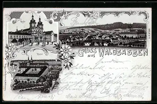 Lithographie Waldsassen, Kloster, Totalansicht, Kirche