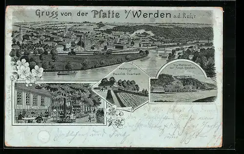 Mondschein-Lithographie Werden /Ruhr, Restauration H. Overbeck / Platte mit Garten, Ortsansicht mit Brücke
