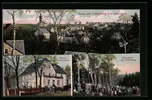 AK Callenberg b. Waldenburg, Böhms Restaurant, Birkenhain am Callenberg, Teilansicht mit Kirche