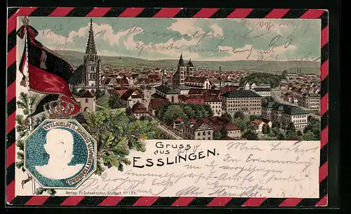 Präge-Lithographie Esslingen, Teilansicht mit Kirche, Wilhelm II König v. Württemberg