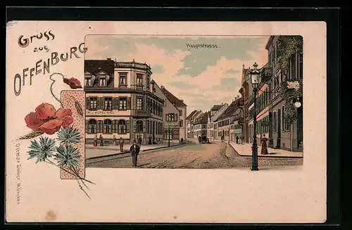 Lithographie Offenburg, Hauptstrasse mit Hotel und Restaurant