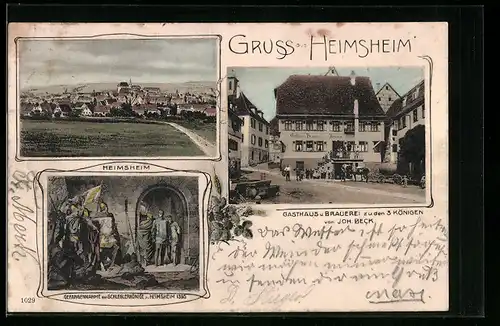 AK Heimsheim, Gasthaus und Brauerei zu den 3 Königen, Gefangennahme der Schleglerkönige zu Heimsheim 1395, Teilansicht