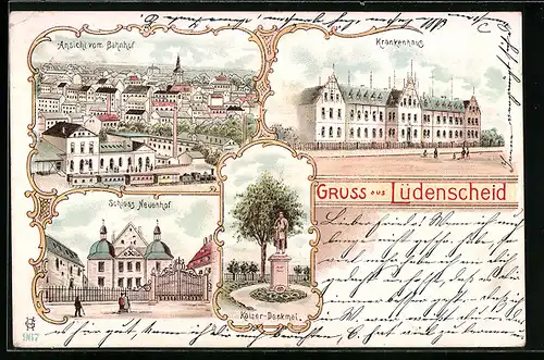 Lithographie Lüdenscheid, Teilansicht vom Bahnhof aus, Schloss Neuenhof, Krankenhaus