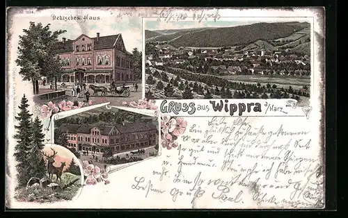 Lithographie Wippra a. Harz, Hotel Deutsches Haus, Strassenpartie, Teilansicht