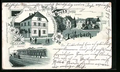 Lithographie Lutterbach, Gasthaus J. Burgard, Bahnhof, Ortspartie