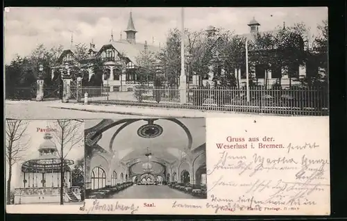 AK Bremen, Gasthaus Weserlust, Saal, Pavillon, Aussen- u. Innenansicht