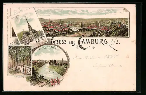 Lithographie Camburg a. S., Totalansicht, Rathskeller, Saalepartie und Cyriakskirche