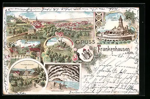 Lithographie Frankenhausen, Gasthaus Waldschlösschen, Ortsansicht, Wappen