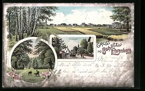 Lithographie Böhlitz-Ehrenberg, Panorama des Ortes, Partie in der Auenstrasse, Eingang zum Walde