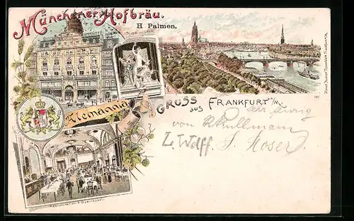 Lithographie Frankfurt a. M., Gasthaus Münchener Hofbräu H. Palmen, Ortsansicht, Wappen