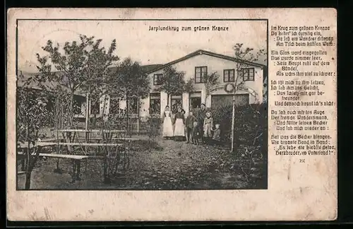 AK Jarplund, Gasthaus Krug zum grünen Kranze, Gartenansicht mit Wirtsleuten