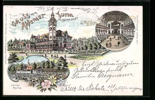 Lithographie Hannover, Gasthaus Ahlemer Turm, Inneres Saal, Gartenpartie