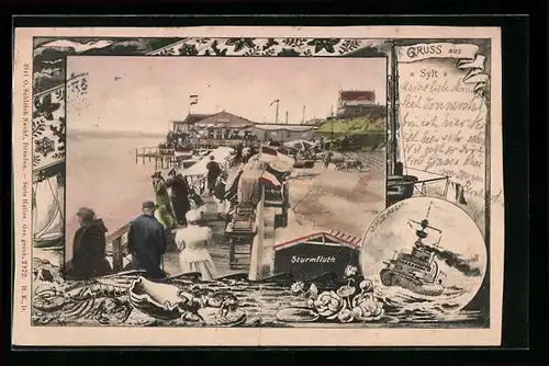 Passepartout-AK Sylt, Gasthaus und Uferpromenade mit Besuchern, Sturmfluth, SMS Aegir