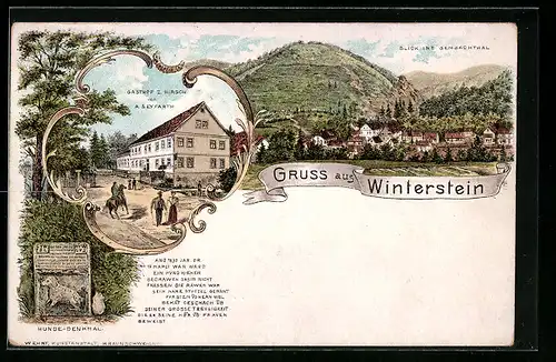 Lithographie Winterstein, Gasthof zum Hirsch A. Seyfarth, Hunde-Denkmal, Ortsansicht