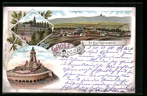 Lithographie Rossla a. Kyffhäuser, Kaiser-Wilhelm-Denkmal aus der Vogelschau, Schloss, Gesamtansicht