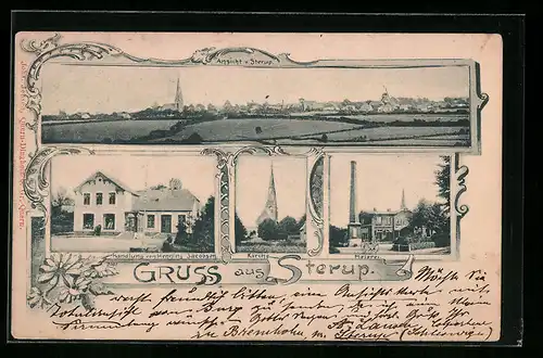 Passepartout-AK Sterup, Handlung H. Jacobsen, Meierei, Ortspanorama aus der Ferne
