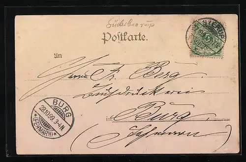 Passepartout-AK Sterup, Handlung H. Jacobsen, Meierei, Ortspanorama aus der Ferne