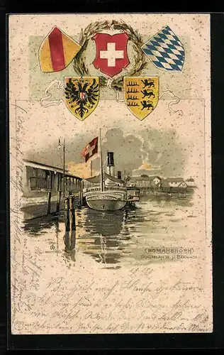 Präge-Lithographie Romanshorn, Dampfer Helvetia, Schifflände und Bahnhof, Wappen