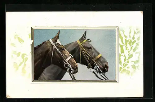 Präge-AK Zwei Reitpferde mit Zaumzeug, Ornamente