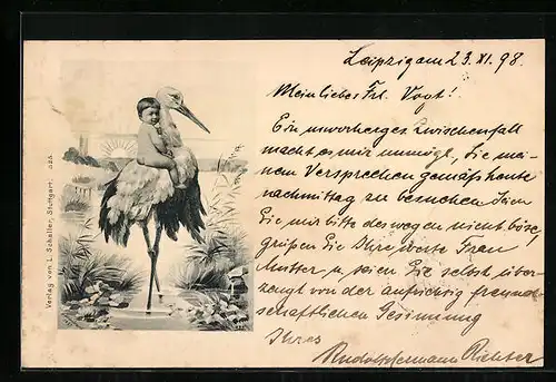 AK Kind auf Klapperstorch am See