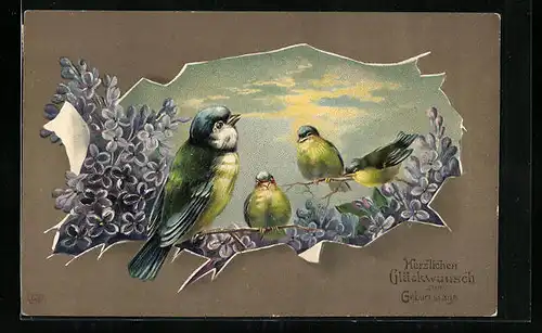 Präge-AK Vier Meisen auf einem Fliederzweig