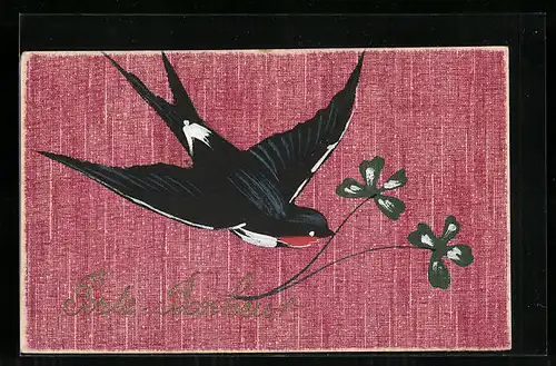 AK Schwalbe mit Glückskleezweig