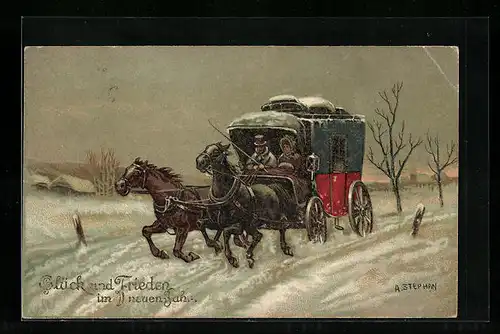 AK Paar in einer Kutsche auf verschneiter Strasse