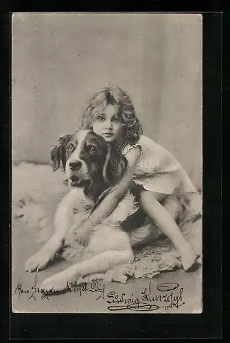 Lithographie Mädchen sitzt auf einem Bernhardiner