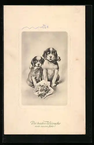 AK Zwei Hunde mit Blumenstrauss