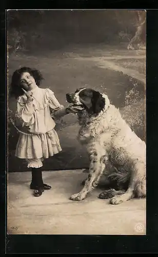 AK Mädchen dressiert seinen Bernhardiner