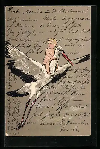 AK Baby reitet auf einem Klapperstorch