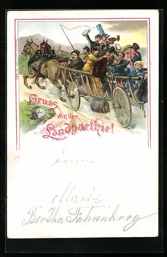 Lithographie Fröhliche Gesellschaft auf Landpartie im Leiterwagen