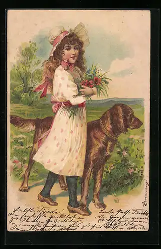 AK Mädchen und Jagdhund in sommerlicher Landschaft